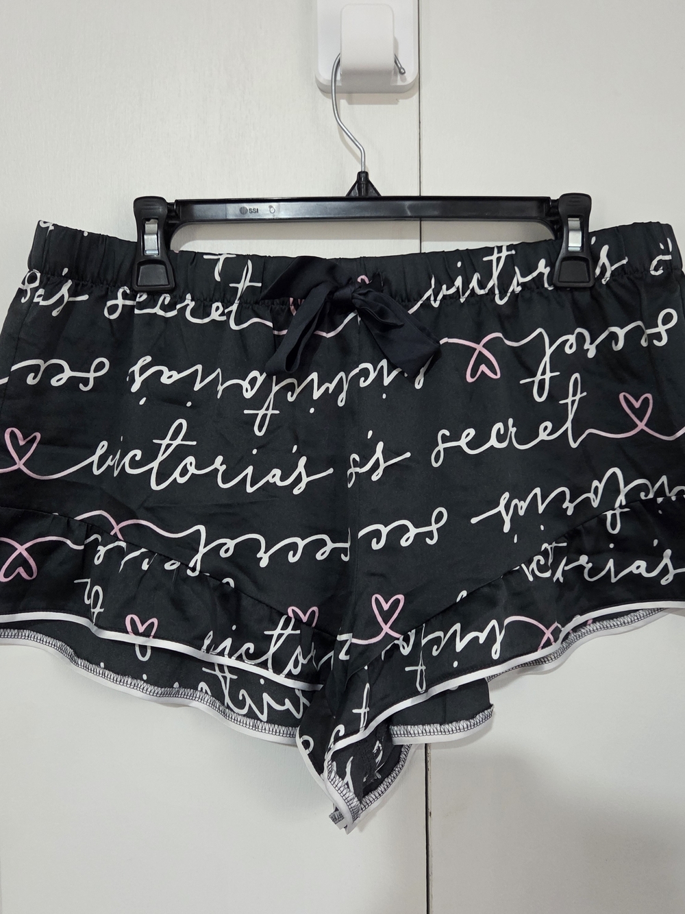 Victoria's Secret Satin Boxy Pajama Shorts Black Pink Script Cursive Logo L